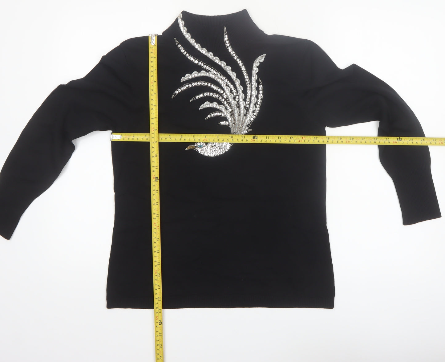 BETA'S CHOICE Women's Black Mock Neck Rhinestone Bird Jumper M