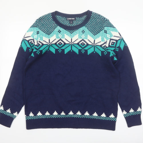 Lands' End Women's Blue Fair Isle Crew Neck Jumper L