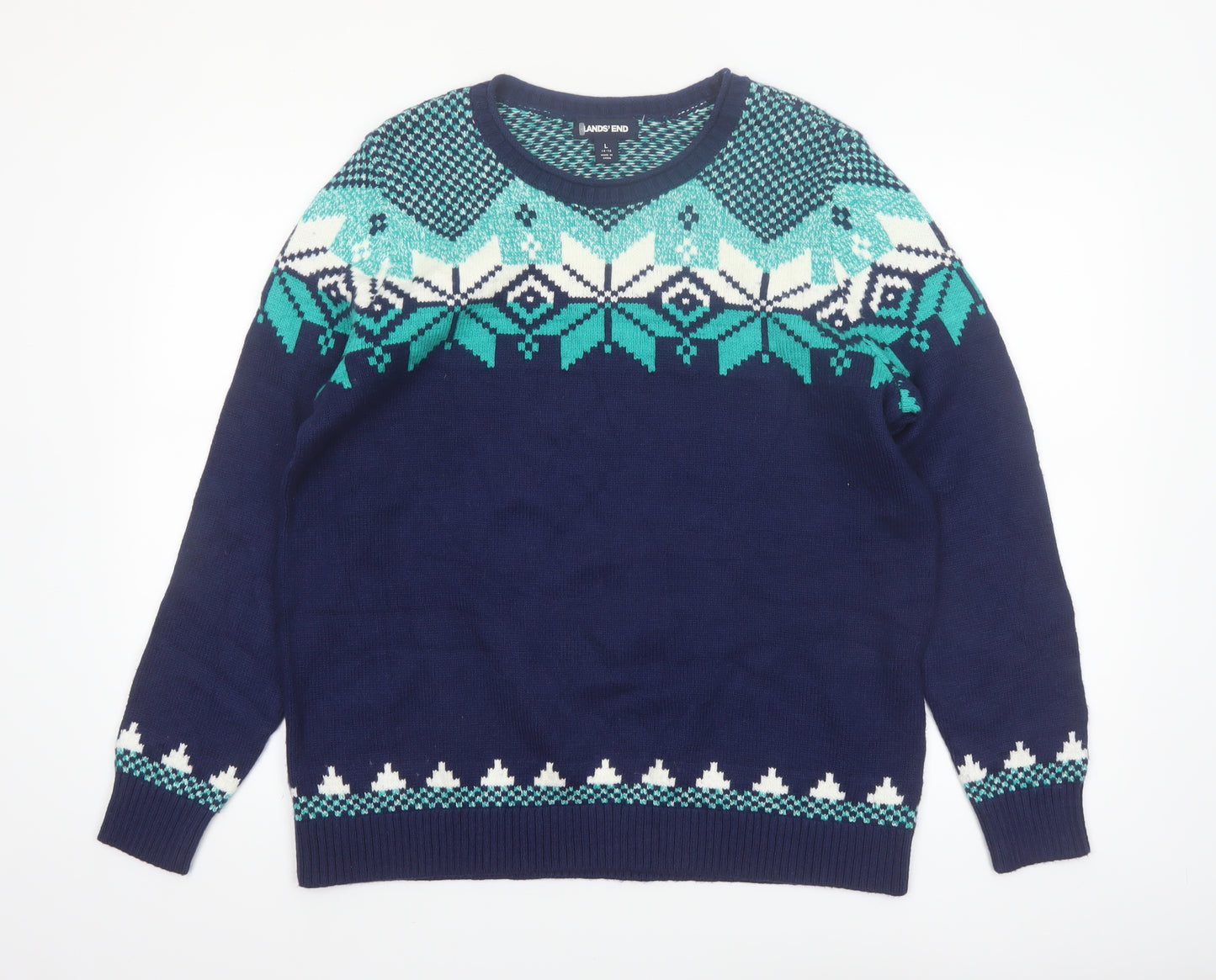 Lands' End Women's Blue Fair Isle Crew Neck Jumper L