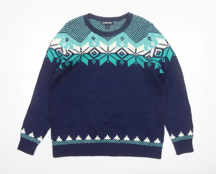 Lands' End Women's Blue Fair Isle Crew Neck Jumper L