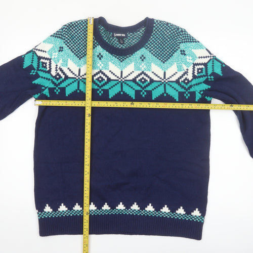 Lands' End Women's Blue Fair Isle Crew Neck Jumper L