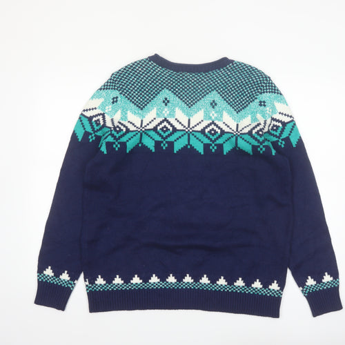 Lands' End Women's Blue Fair Isle Crew Neck Jumper L