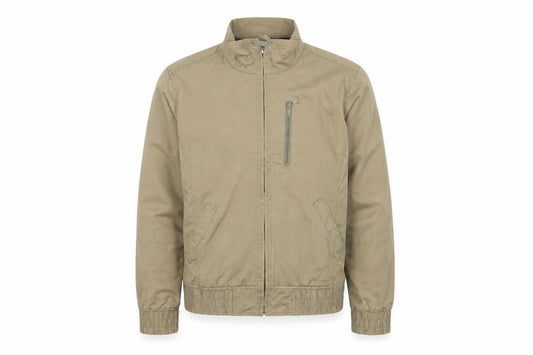 Front view of Columbia men’s beige cotton twill bomber jacket l regular fit