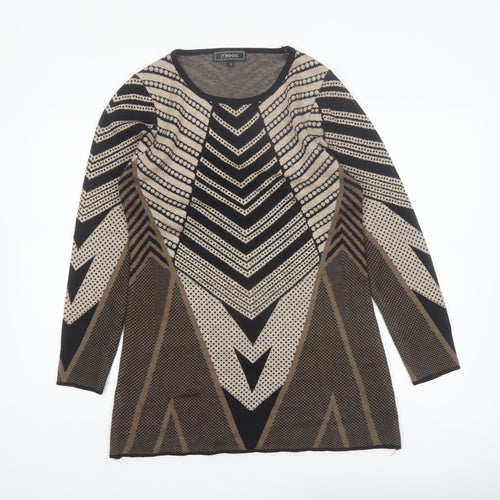 Minkas Women Beige Black Geometric Wool Cashmere Knit Tunic Jumper S