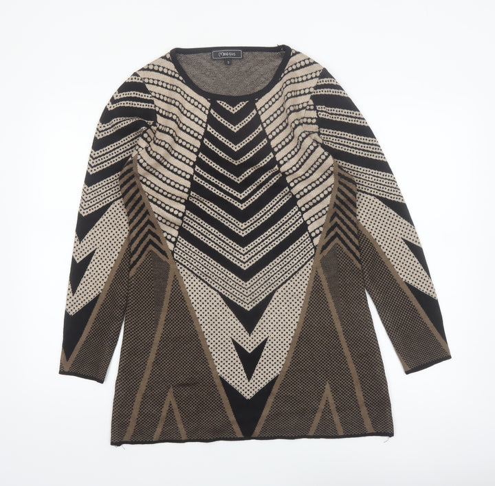 Minkas Women Beige Black Geometric Wool Cashmere Knit Tunic Jumper S
