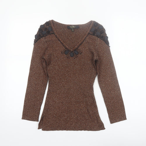 Christine Phillipe Women Brown Beaded V-Neck Long Sleeve Jumper S