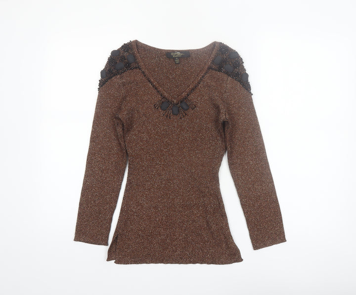 Christine Phillipe Women Brown Beaded V-Neck Long Sleeve Jumper S