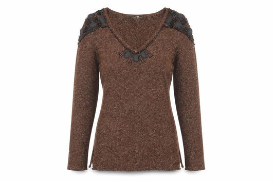 Front view of Christine Phillipe Women Brown Beaded V-Neck Long Sleeve Jumper S