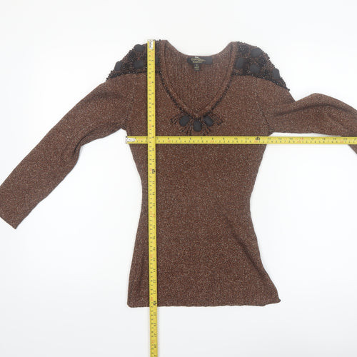 Christine Phillipe Women Brown Beaded V-Neck Long Sleeve Jumper S