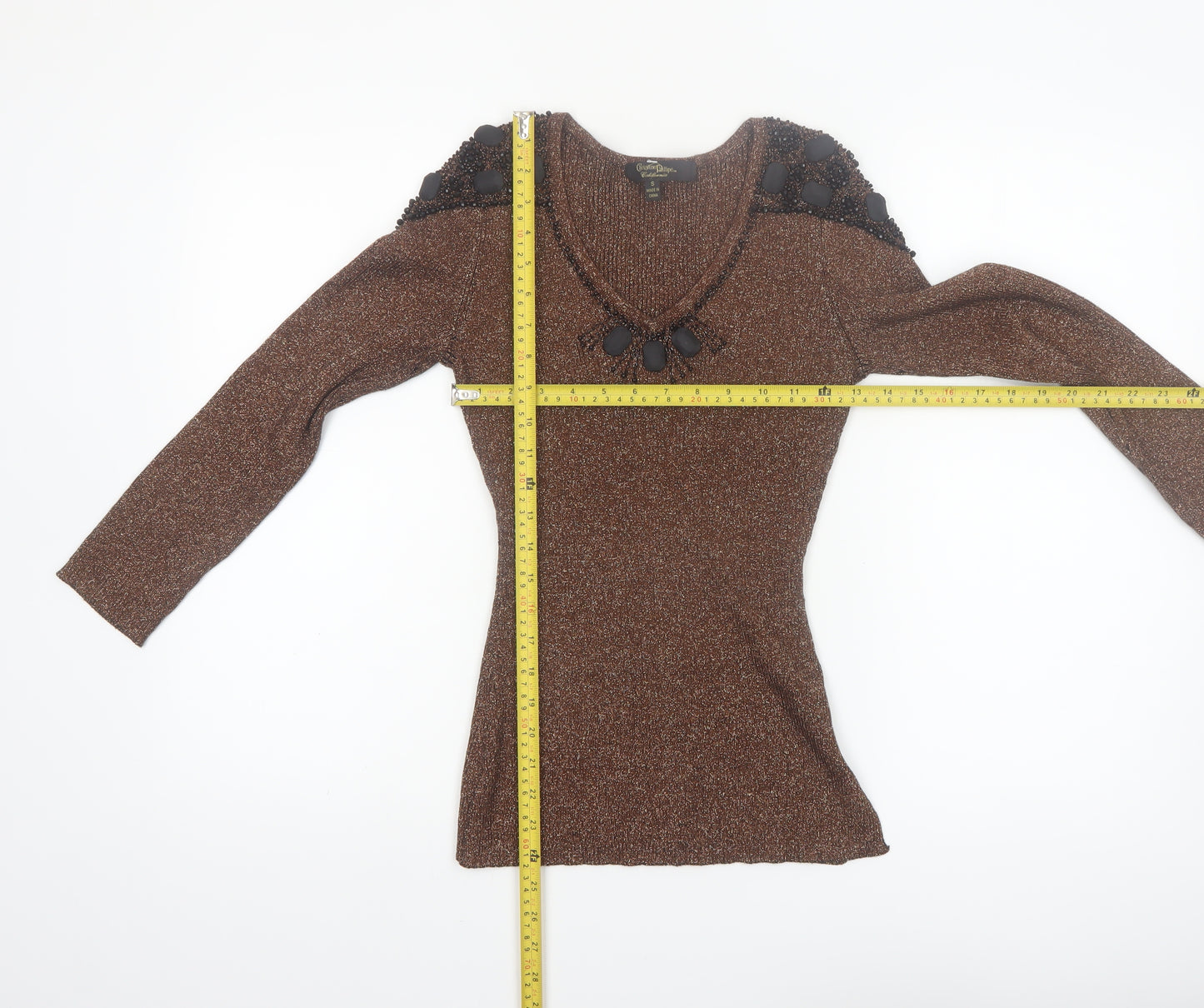 Christine Phillipe Women Brown Beaded V-Neck Long Sleeve Jumper S
