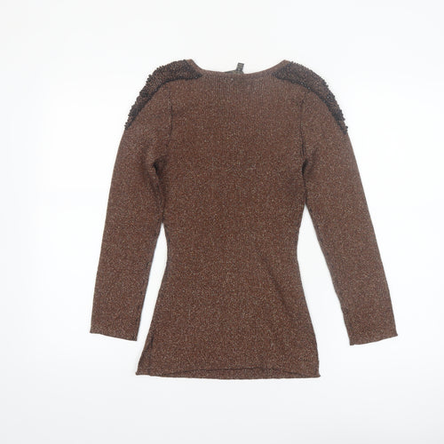 Christine Phillipe Women Brown Beaded V-Neck Long Sleeve Jumper S