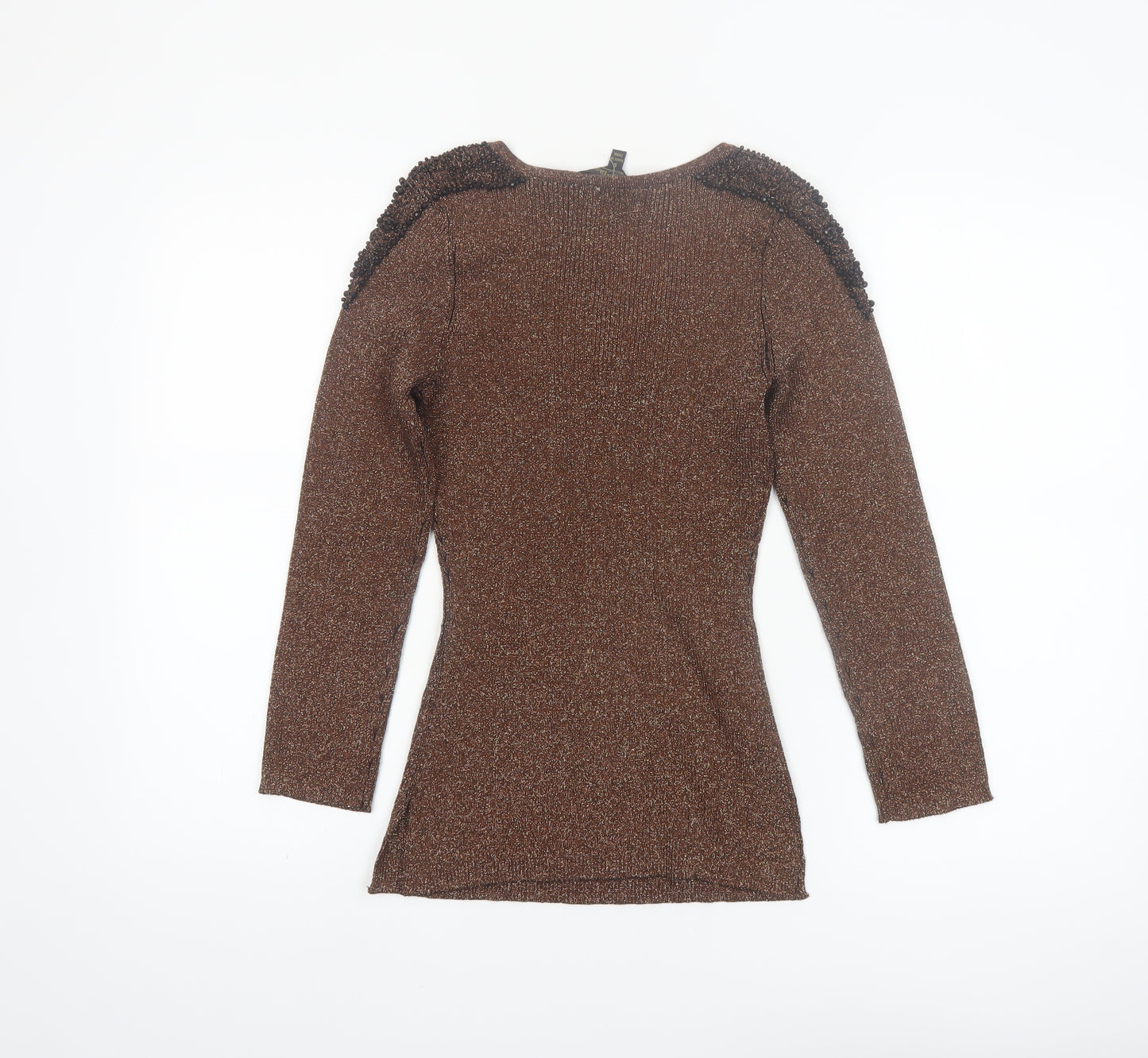 Christine Phillipe Women Brown Beaded V-Neck Long Sleeve Jumper S