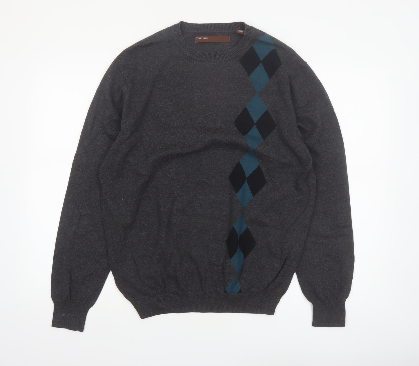 Perry Ellis Men's Grey Argyle Diamond Cotton Pullover Jumper M