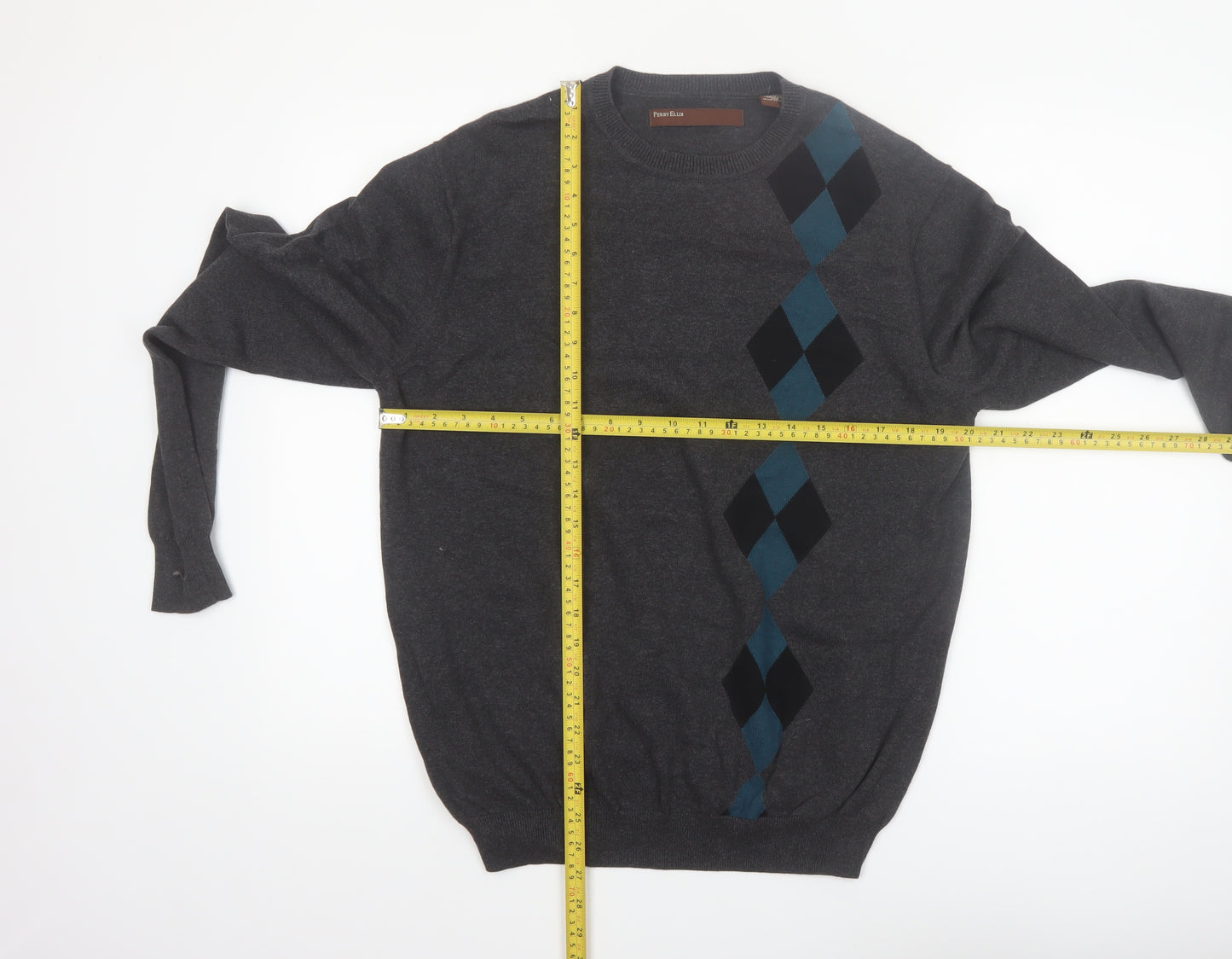 Perry Ellis Men's Grey Argyle Diamond Cotton Pullover Jumper M