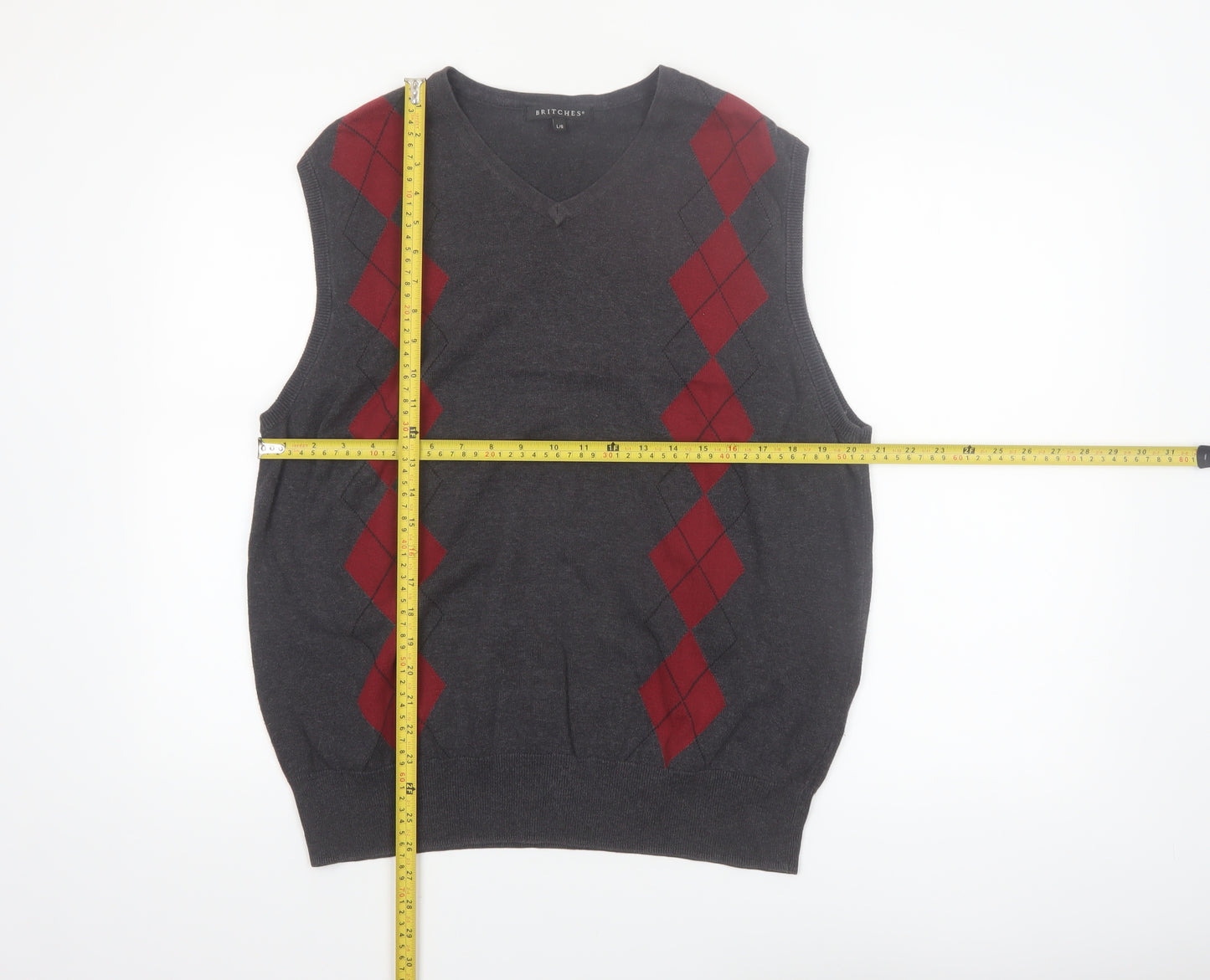 Britches Men's Grey Argyle V-Neck Cotton Jumper Vest L