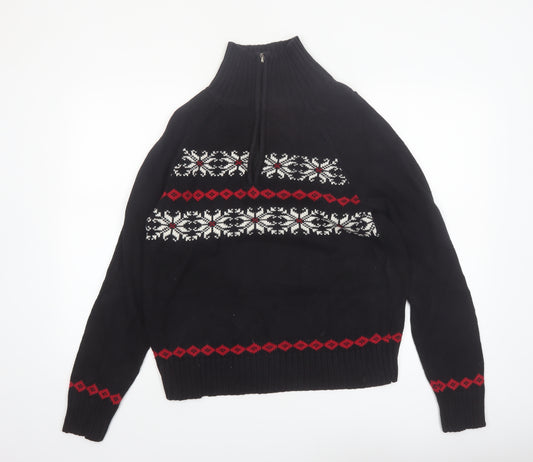 Karen Scott Women's Black Fair Isle High Neck Cotton Jumper M