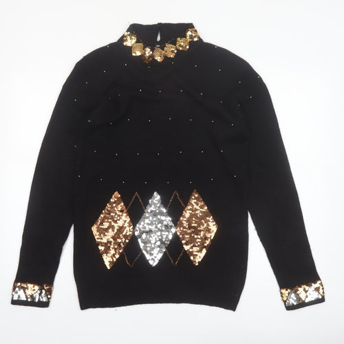 Marnie West Womens Black Sequin Argyle Vintage Silk Blend Jumper L