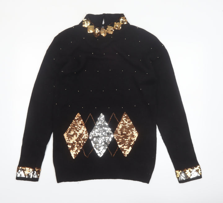 Marnie West Womens Black Sequin Argyle Vintage Silk Blend Jumper L