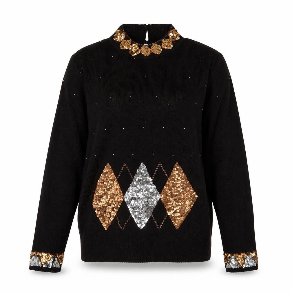 Front view of Marnie West women’s black sequin argyle vintage silk blend jumper l