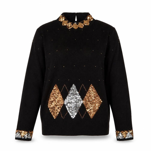 Front view of Marnie West women’s black sequin argyle vintage silk blend jumper l