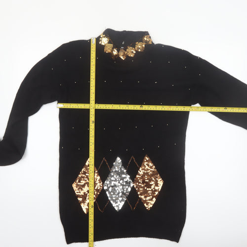 Marnie West Womens Black Sequin Argyle Vintage Silk Blend Jumper L