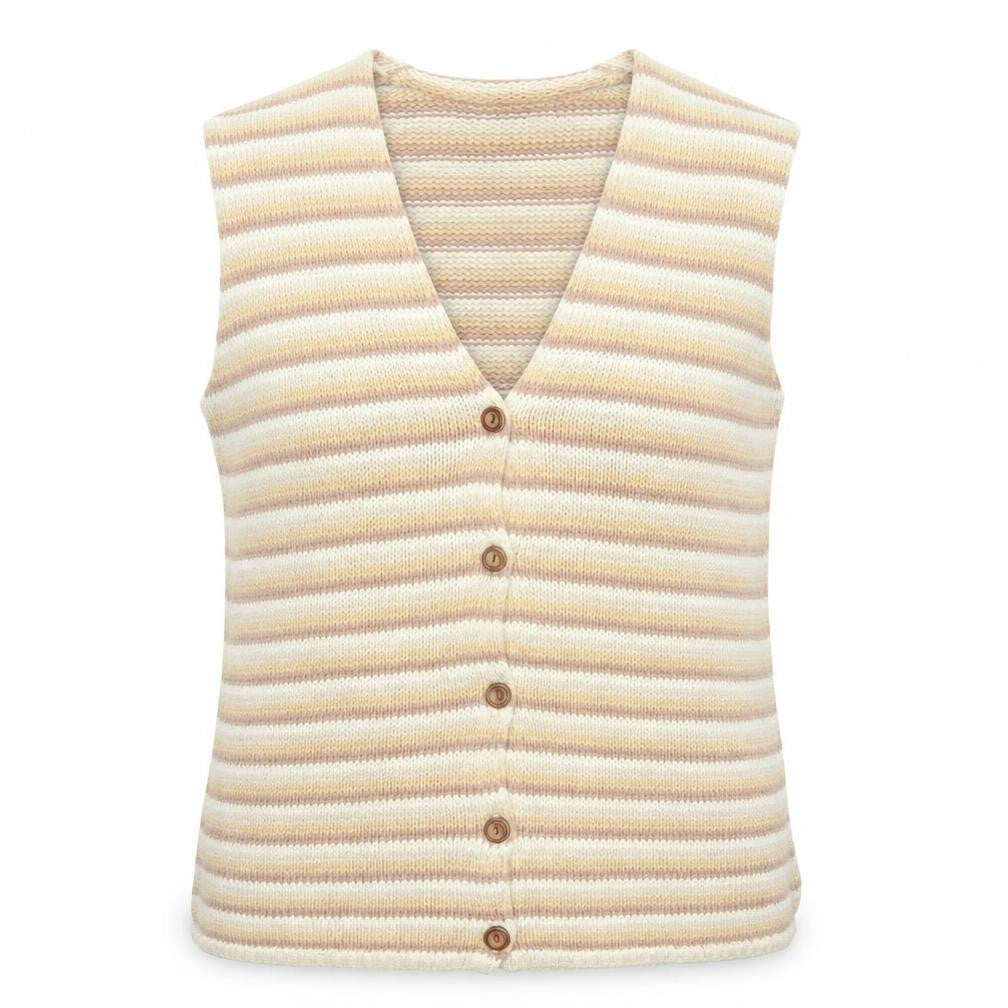 Front view of Eddie Bauer women’s beige striped cotton knit vest, size S