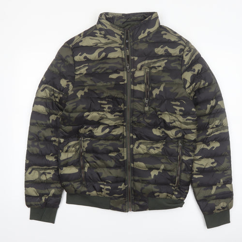 Hölstark Mens Green Camouflage Puffer Jacket Size M Lined Zip Winter