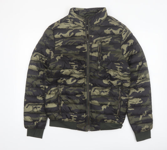 Hölstark Mens Green Camouflage Puffer Jacket Size M Lined Zip Winter