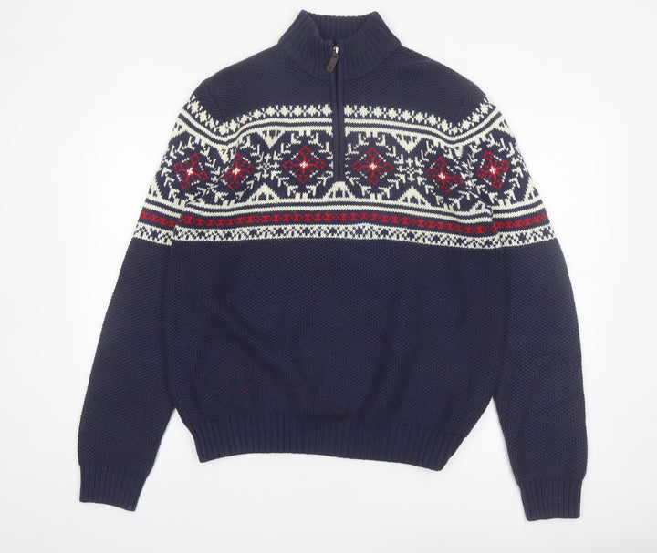 IZOD Men's Blue Fair Isle 1/2 Zip Cotton Knit Jumper M