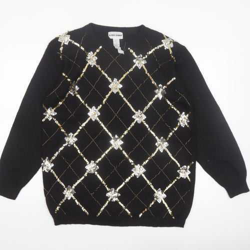 Alfred Dunner Womens Black Sequin Argyle Knit Jumper Size L