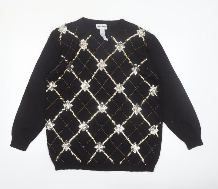 Alfred Dunner Womens Black Sequin Argyle Knit Jumper Size L