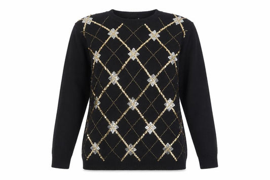 Front view of Alfred Dunner women’s black sequin argyle knit jumper, size L
