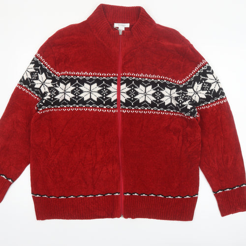 Dressbarn Women Red Fair Isle Full Zip Acrylic Knit Jumper Size 18
