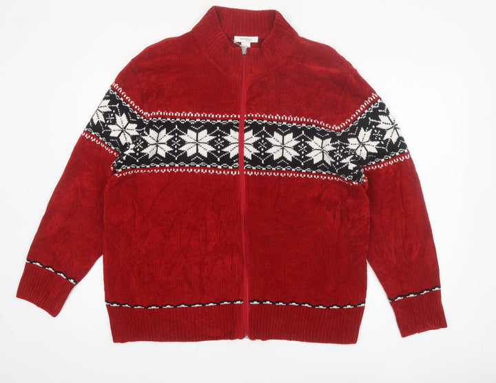 Dressbarn Women Red Fair Isle Full Zip Acrylic Knit Jumper Size 18