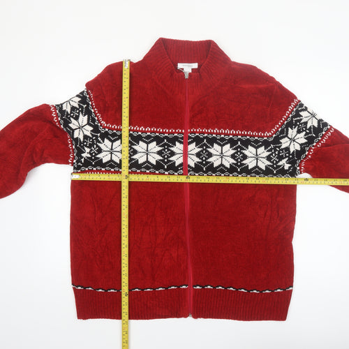 Dressbarn Women Red Fair Isle Full Zip Acrylic Knit Jumper Size 18