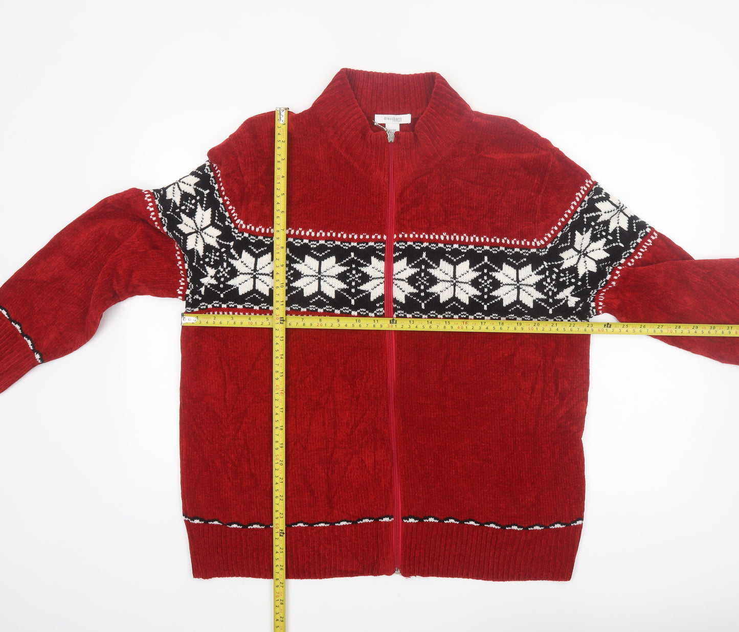 Dressbarn Women Red Fair Isle Full Zip Acrylic Knit Jumper Size 18