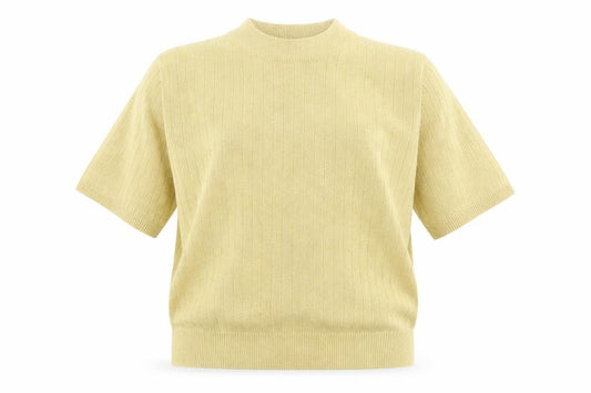 Front view of Sag Harbor Women's Beige Short Sleeve Mock Neck jumper, size M