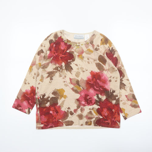 Alfred Dunner Womens Beige Floral Beaded Petite M Pullover Jumper