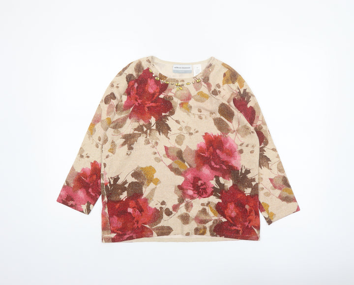 Alfred Dunner Womens Beige Floral Beaded Petite M Pullover Jumper