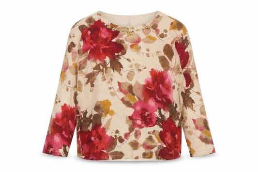 Front view of Alfred Dunner women’s beige floral beaded petite m jumper