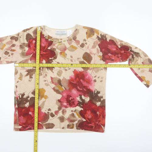 Alfred Dunner Womens Beige Floral Beaded Petite M Pullover Jumper