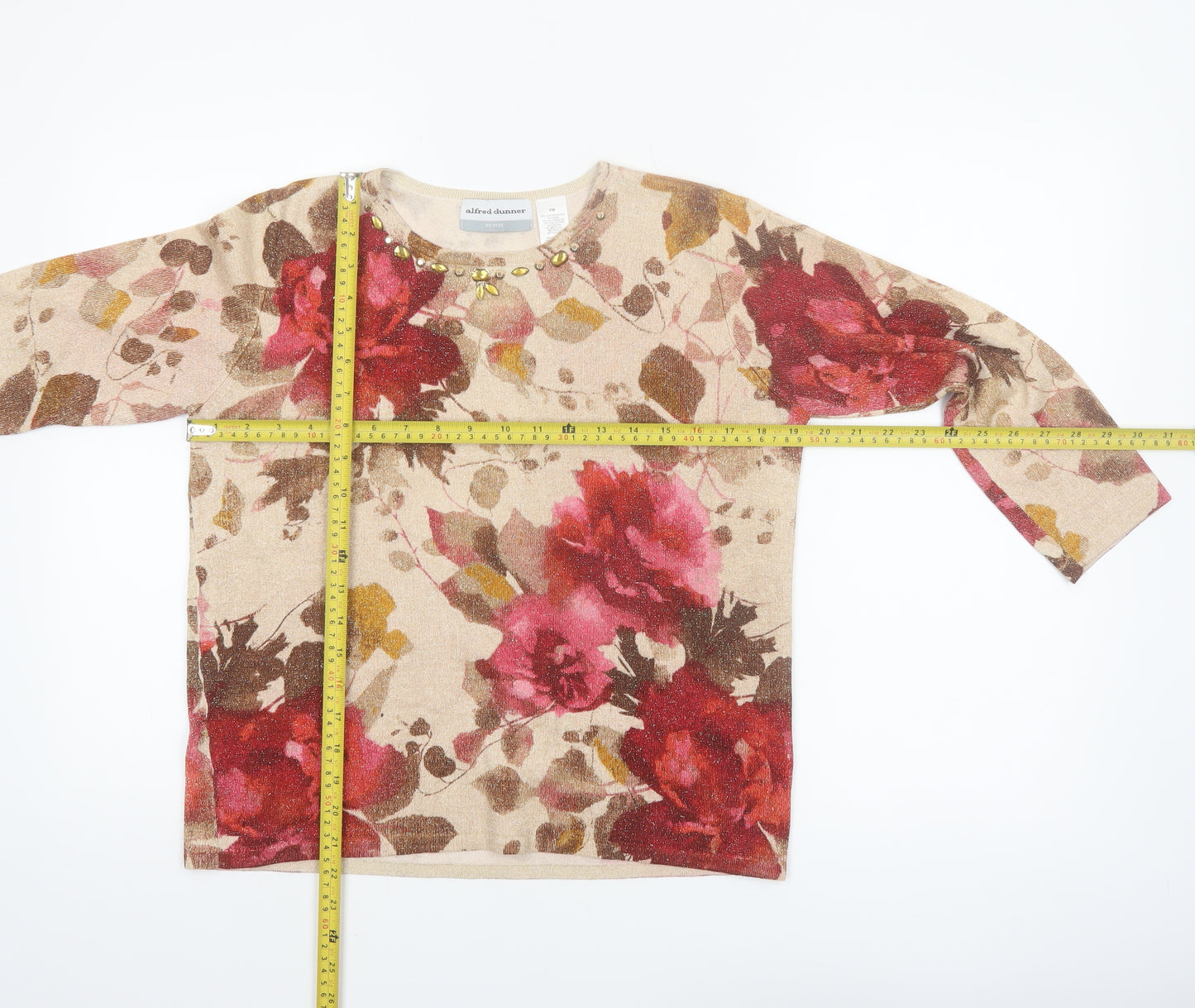 Alfred Dunner Womens Beige Floral Beaded Petite M Pullover Jumper