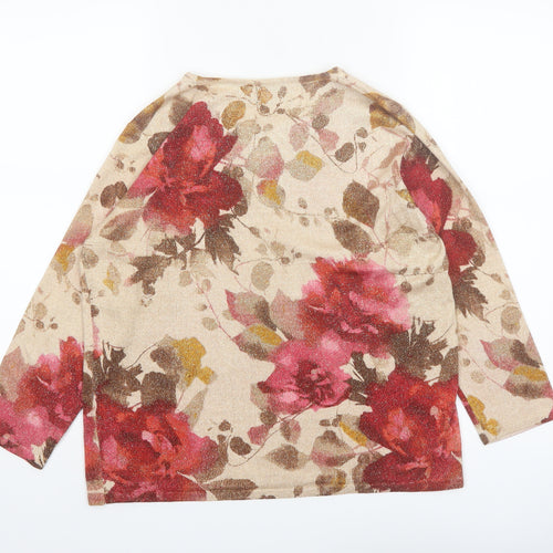 Alfred Dunner Womens Beige Floral Beaded Petite M Pullover Jumper
