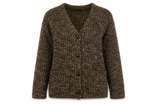 Front view of Jones & Co Women's Brown Wool Blend Chunky Knit Cardigan, size S