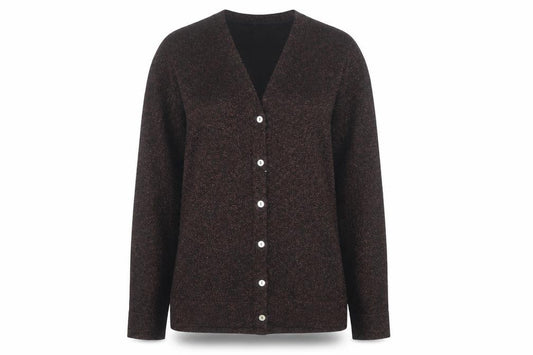 Front view of Tabi Women Brown V-Neck Button Knit Cardigan, size M
