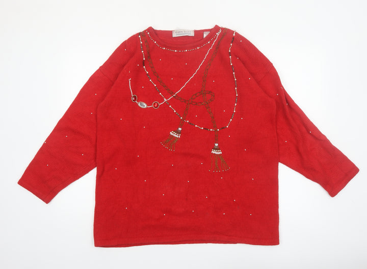 Karen Scott Women's Red Beaded Pullover Jumper Size L