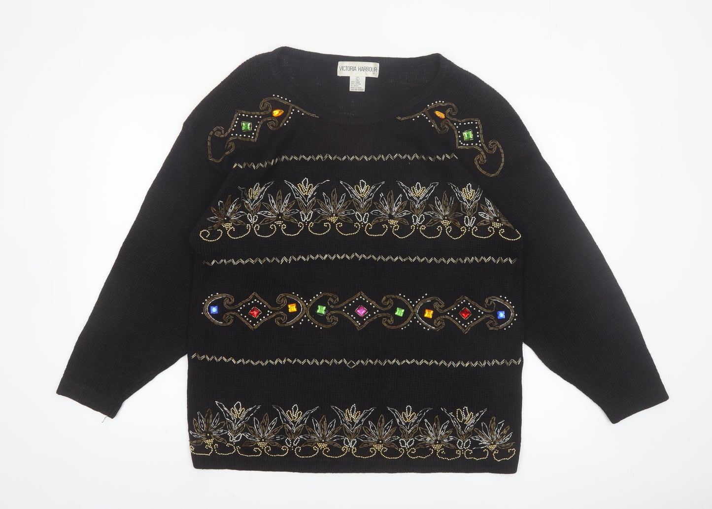 Victoria Harbour Womens Black L Beaded Knit Jumper Vintage Pullover