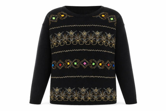 Front view of Victoria Harbour women’s black l beaded knit jumper vintage pullover