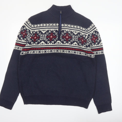 IZOD Men's Blue Fair Isle 1/4 Zip Cotton Knit Jumper Size M