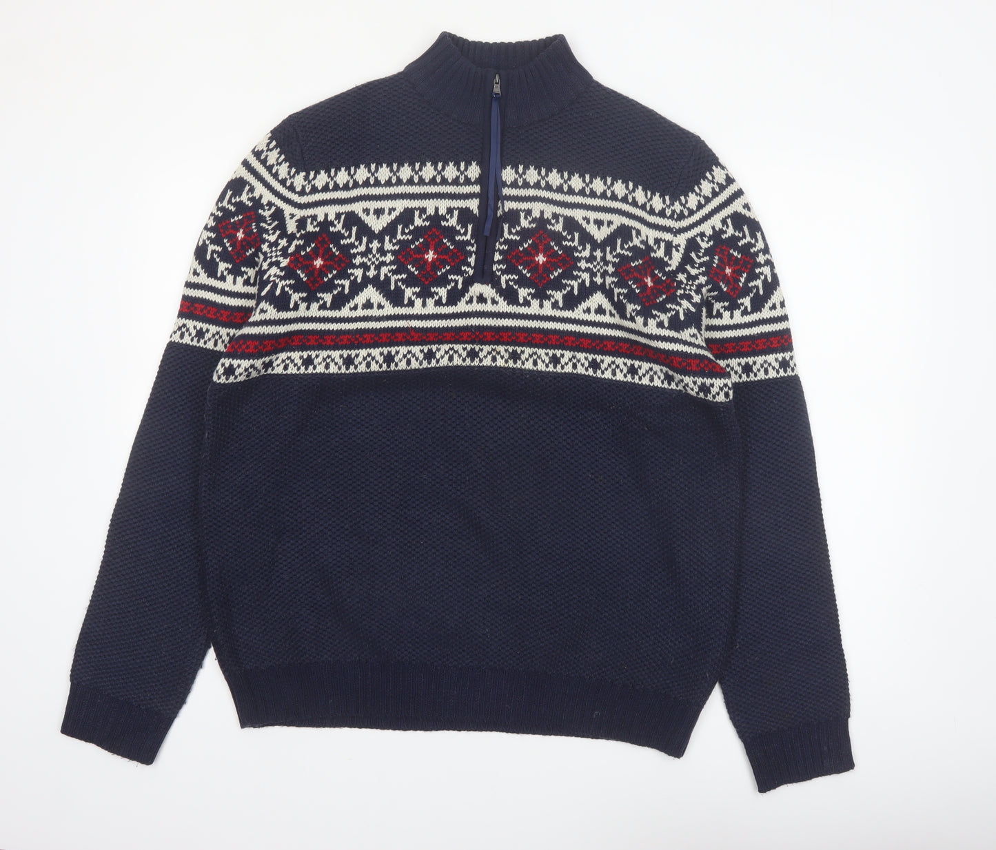 IZOD Men's Blue Fair Isle 1/4 Zip Cotton Knit Jumper Size M
